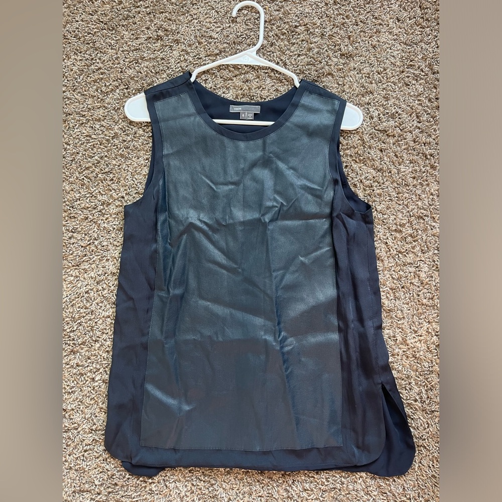 Vince Lamb Leather Sleeveless Blue Tops Leather Front‎ Silk Back Size 6